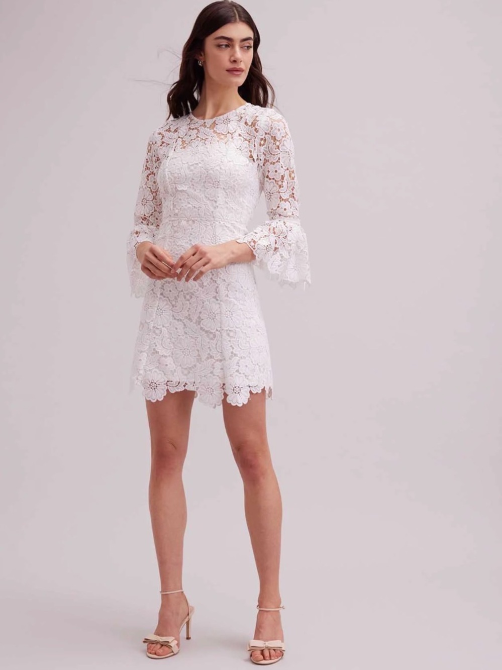 Anne Fontaine Dor White Floral Lace Mini Dress with Bell Sleeves size 44 French